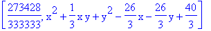 [273428/333333, x^2+1/3*x*y+y^2-26/3*x-26/3*y+40/3]